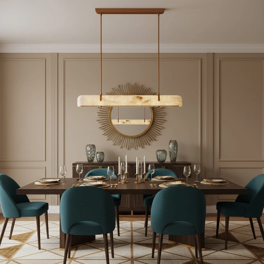 Modern linear pendant chandelier in high-end formal dining room with teal velvet chairs and sunburst wall mirror