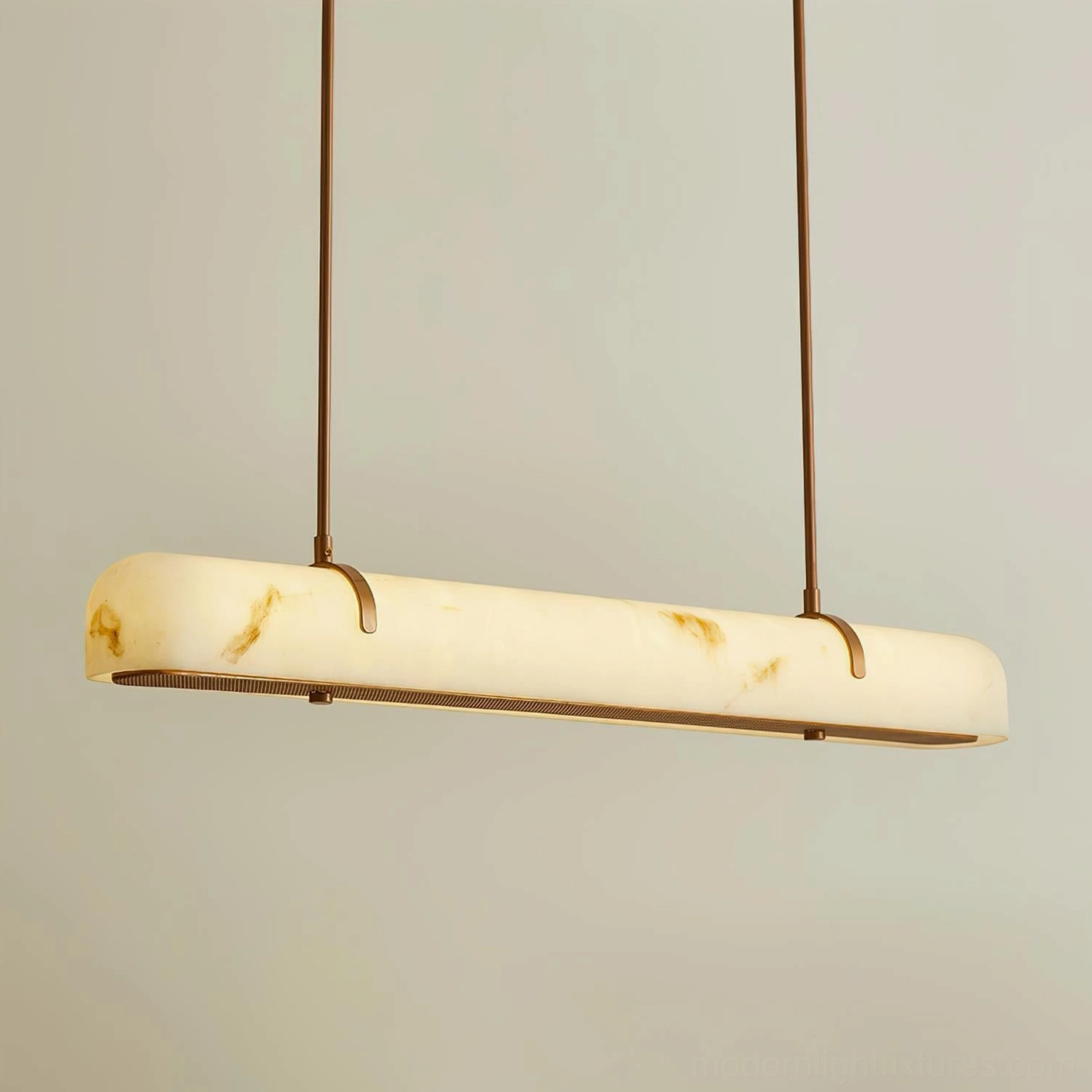 Linear alabaster pendant chandelier with integrated LED technology, close-up detail of premium glass and brass construction