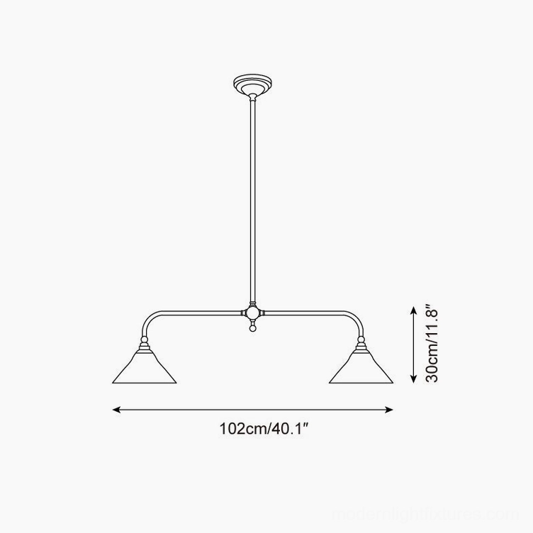 Technical line drawing schematic of linear pendant chandelier showing dimensions 102cm width and 30cm height specifications
