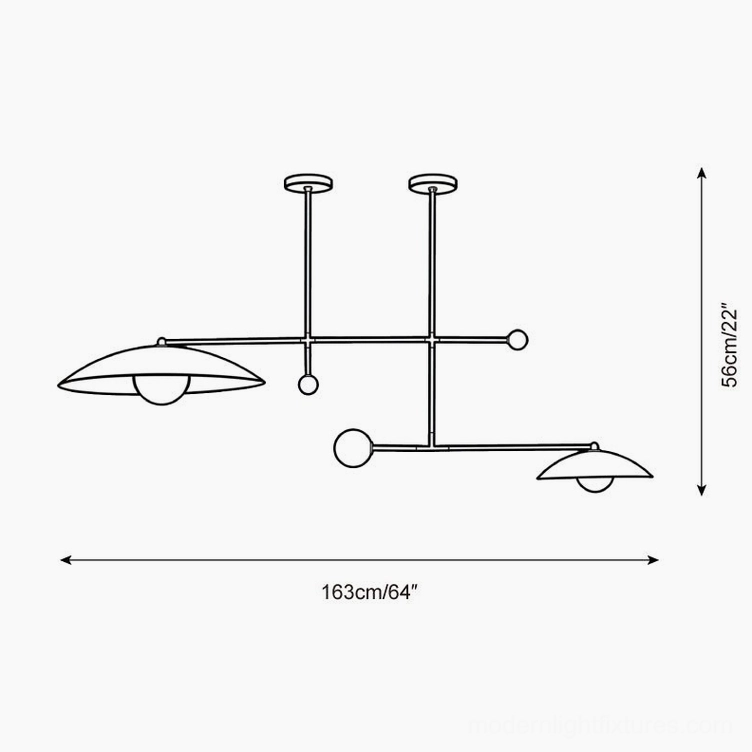 Technical dimension drawing of modern linear chandelier showing 163cm width by 56cm height specifications