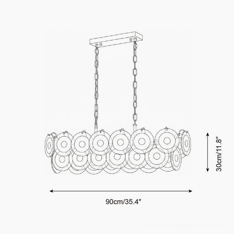 Modern linear glass disc chandelier technical schematic showing 90cm 35.4 inch dimensions