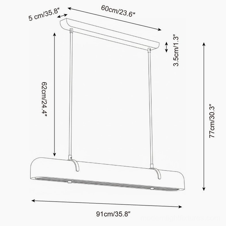 Technical specification drawing of linear alabaster chandelier showing dimensions 91cm length 77cm height with hanging rod details