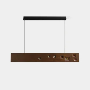 Modern linear constellation chandelier with inlaid crystal accents studio flat lay view walnut wood finish