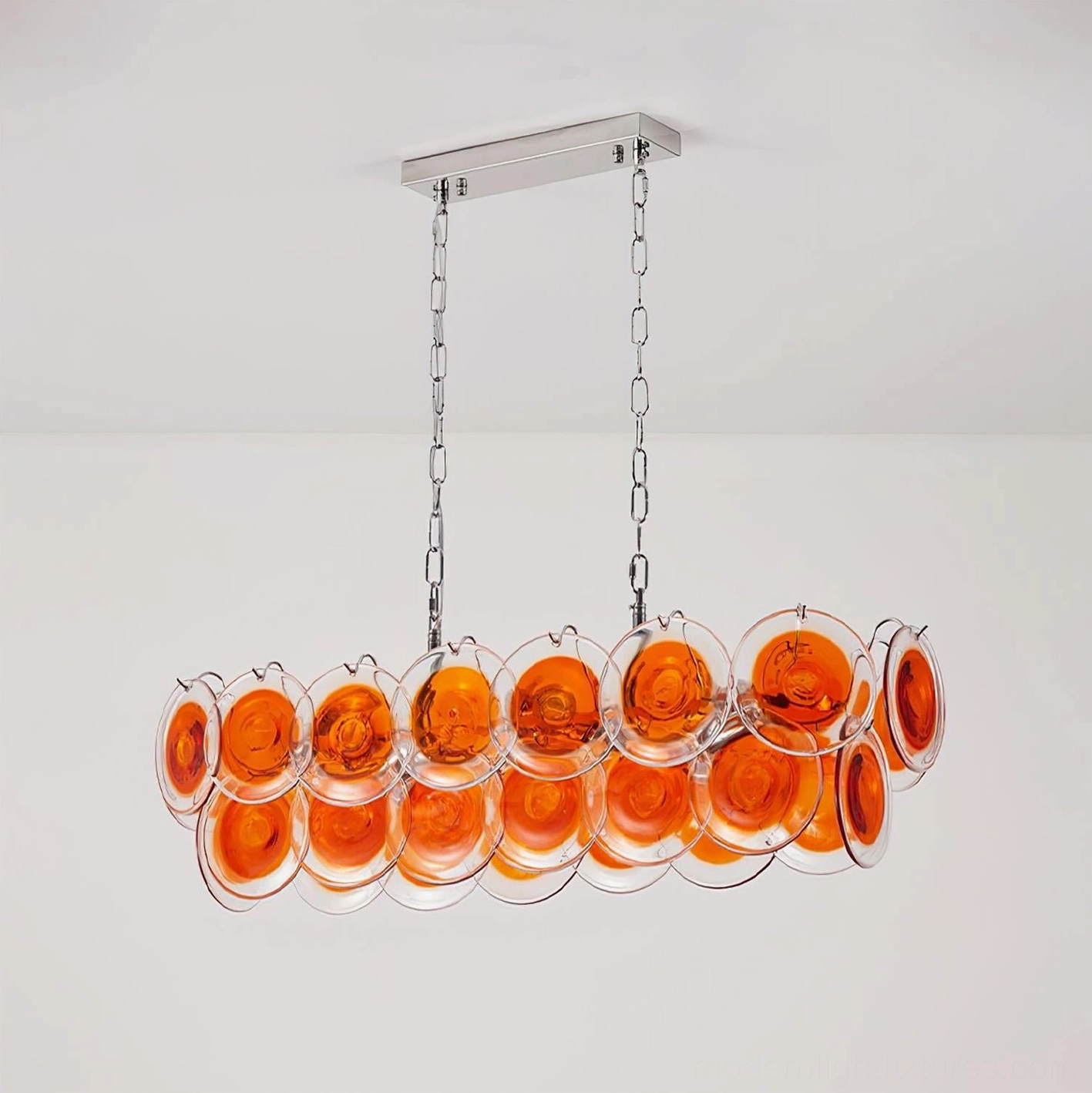 Modern linear glass chandelier with orange marbled glass shades and chrome metal hardware