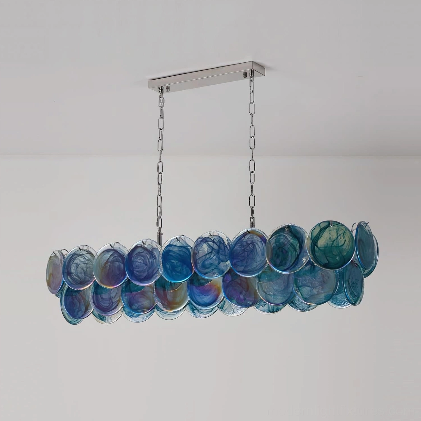 Contemporary linear glass disc chandelier with blue marbled glass shades and metal fixtures