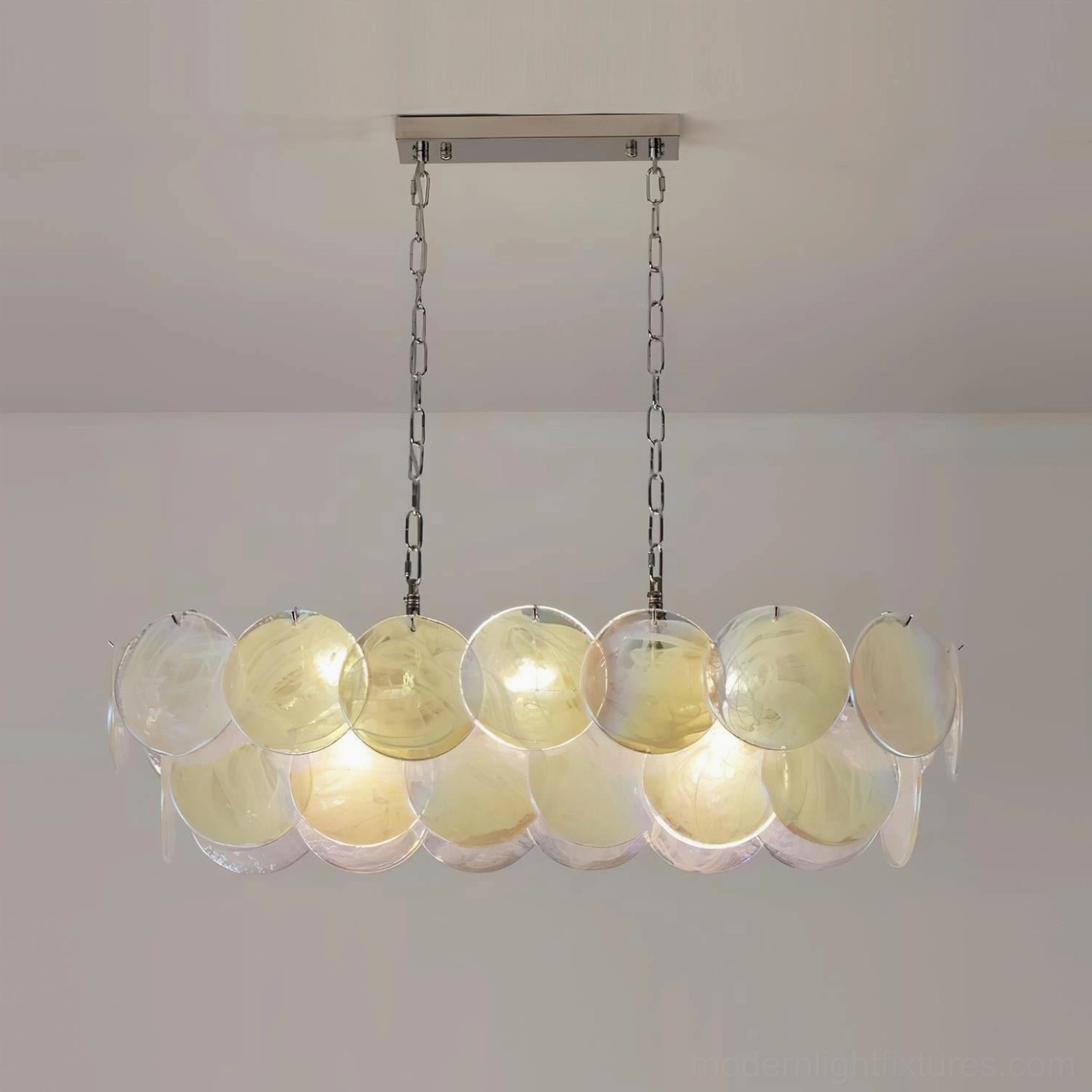 Linear glass disc chandelier with colorful white marbled shades and chrome suspension system