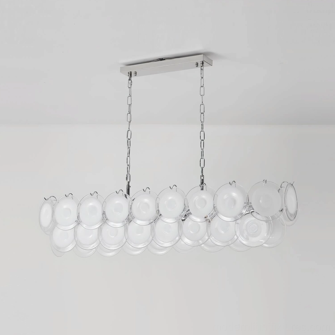 Linear glass disc chandelier with white marbled glass shades and refined chrome metal structure