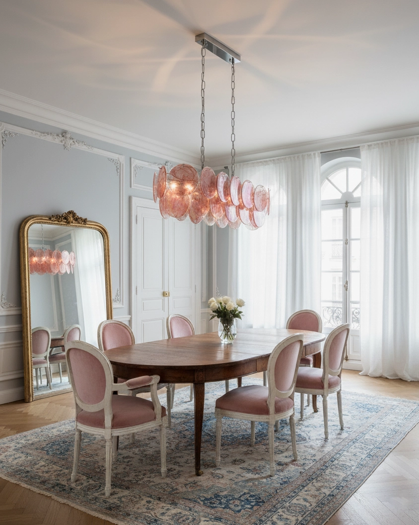 Modern linear glass disc chandelier with pink-purple gradient marbled shades studio photography