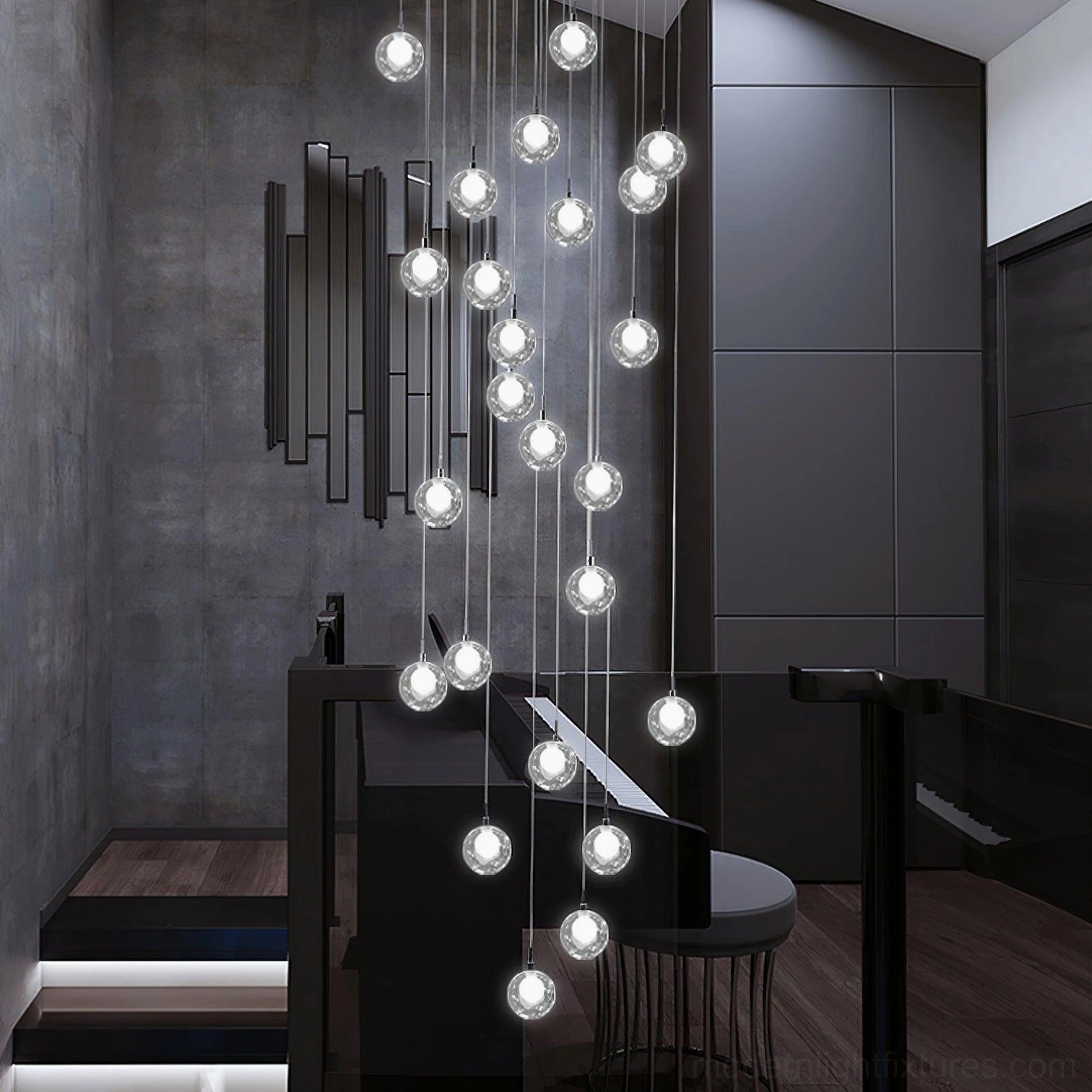 Linear vertical glass globe cluster pendant in modern reception lobby, minimalist monochromatic lighting fixture installation