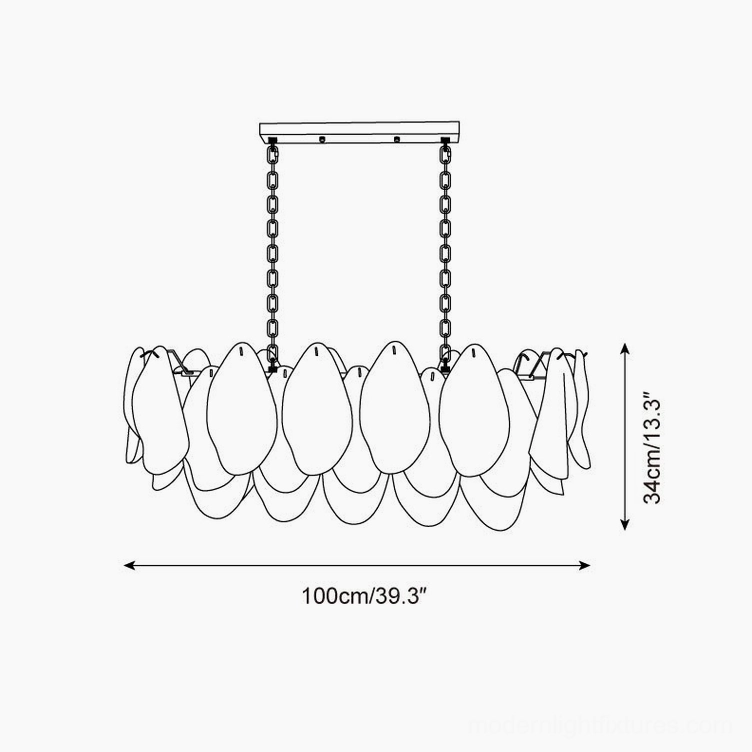 Linear glass petal chandelier schematic showing 100cm width with dual hanging chains configuration