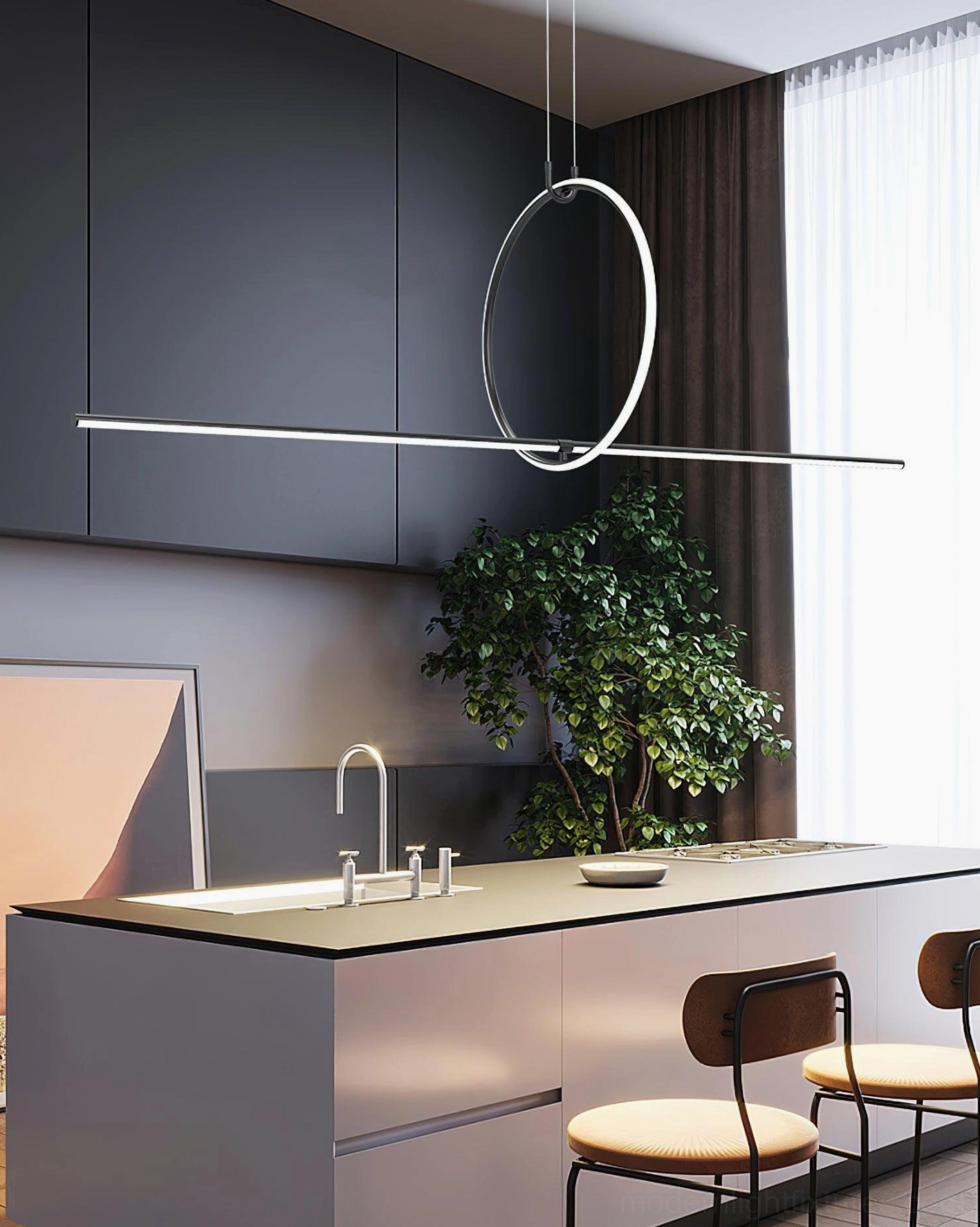 Matte black linear pendant light fixture illuminating modern kitchen island with minimalist design aesthetic