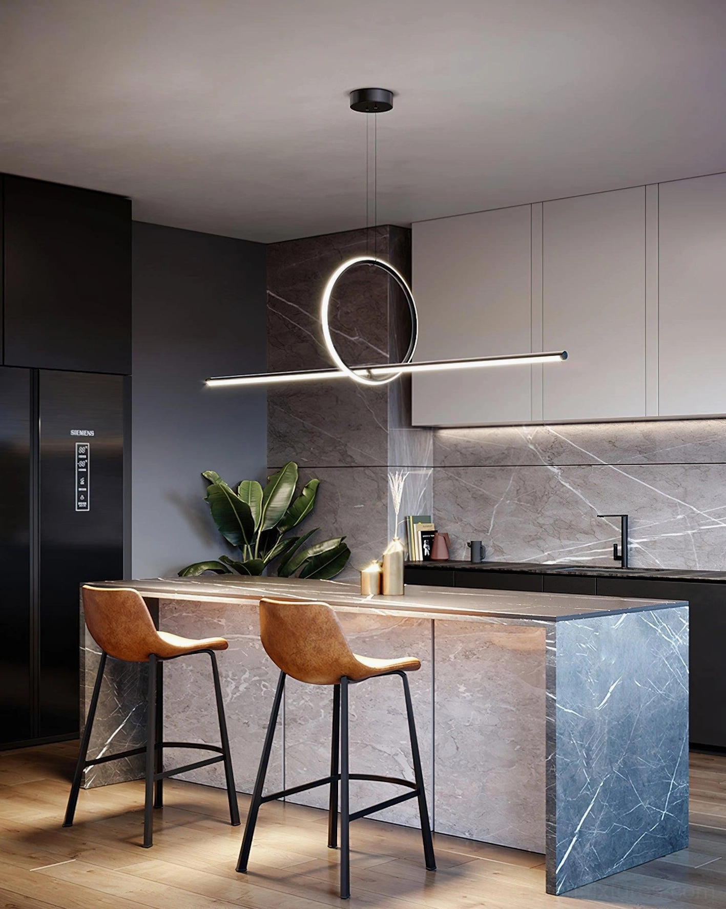 Matte black linear pendant fixture suspended above kitchen island with warm 3000K LED lighting