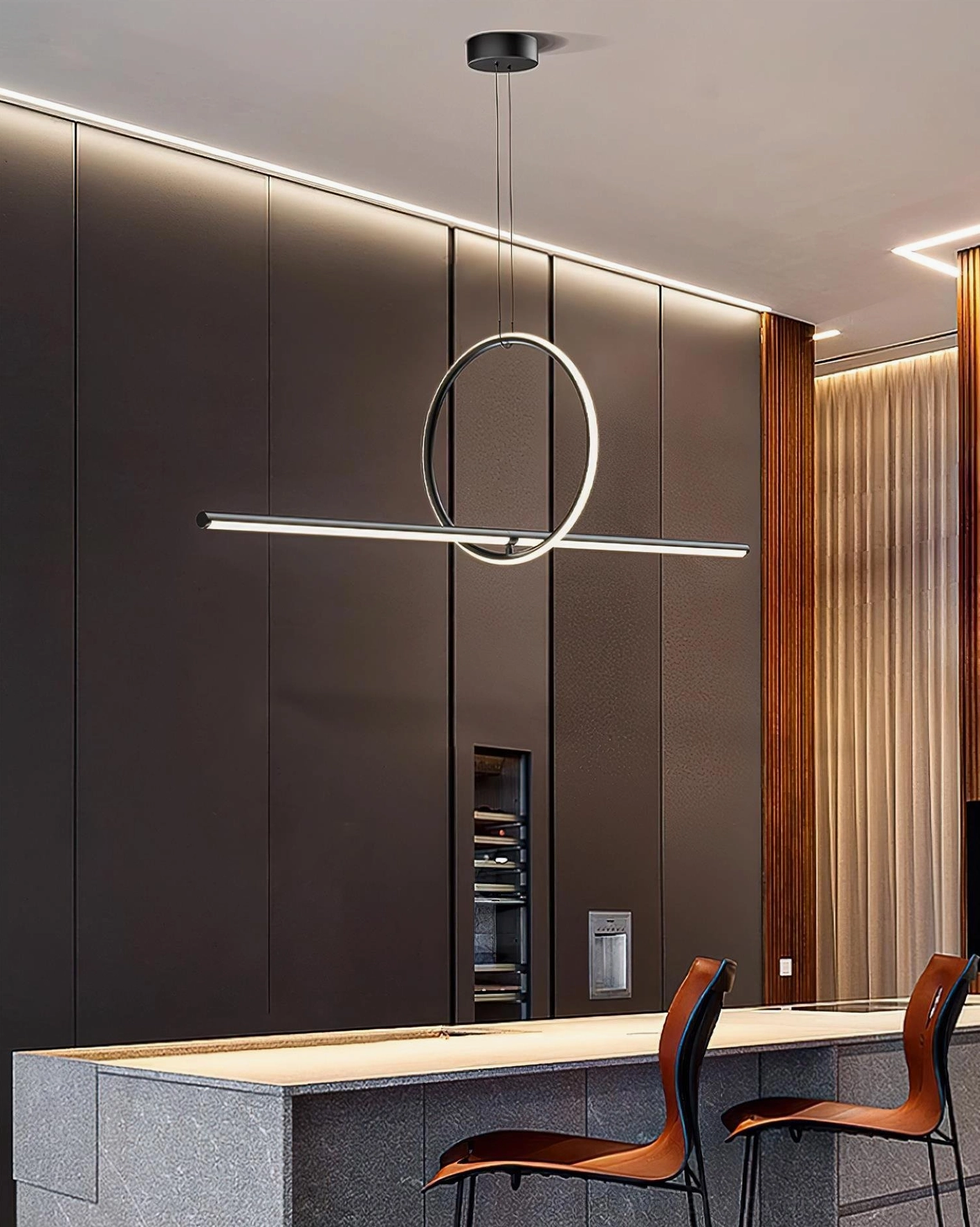 Contemporary linear island pendant light showcasing premium iron frame and acrylic diffuser construction quality