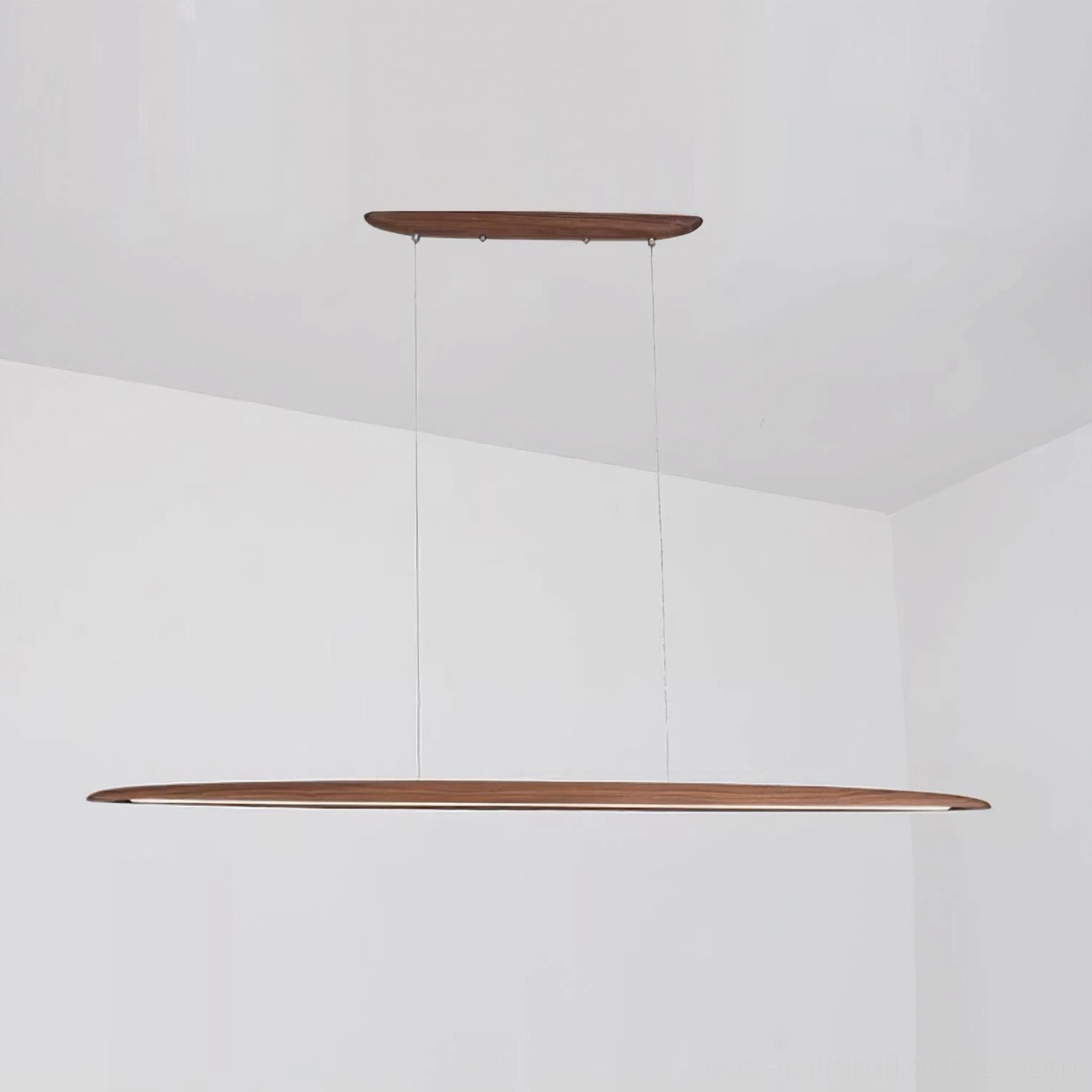 Linear LED pendant chandelier showing adjustable hanging cable and modern elongated geometric form