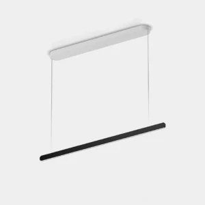 Modern linear LED pendant light with dual-tone matte aluminum finish in studio setting