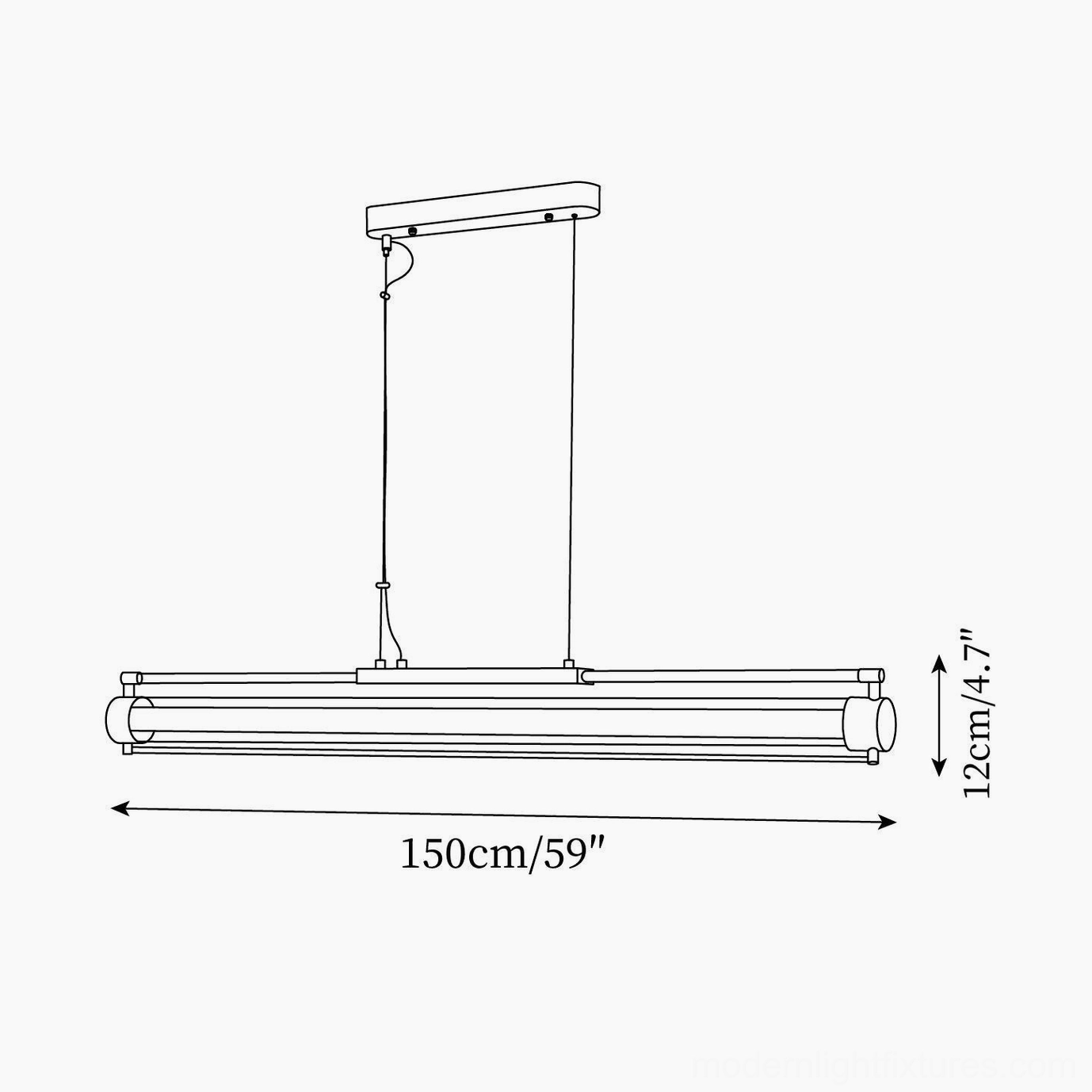 Technical specification drawing of linear LED pendant light - 150cm length dimensions and ceiling mount structure