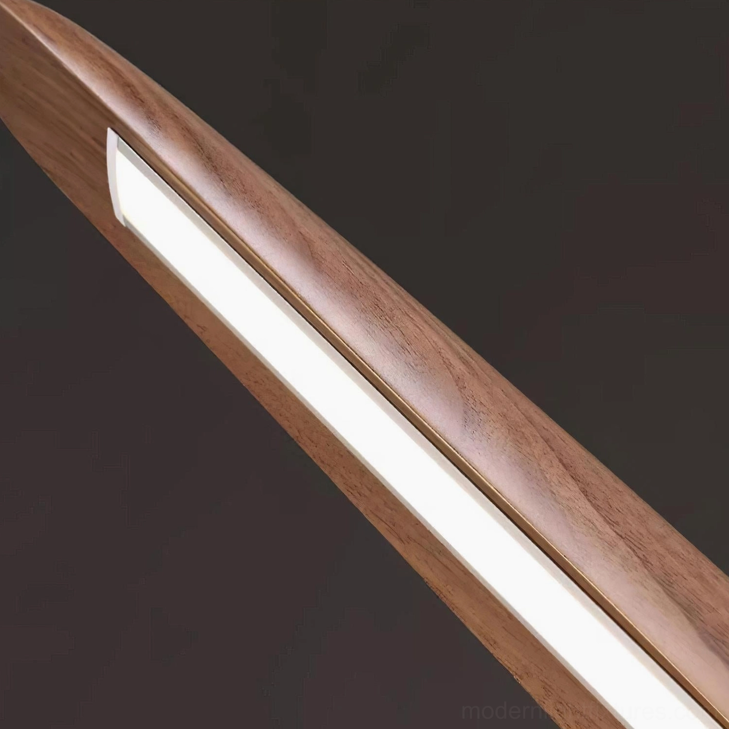 Modern linear LED wood chandelier installation showing 24W integrated LED warm white lighting performance
