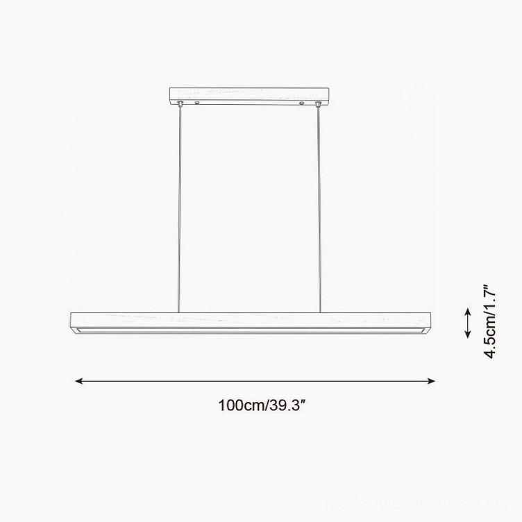 Technical schematic drawing of walnut linear pendant light showing 100cm 39.3 inch length and 4.5cm 1.7 inch profile height specifications