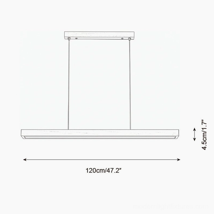 Technical schematic drawing of walnut linear pendant light showing 120cm 47.2 inch length and 4.5cm 1.7 inch profile height specifications
