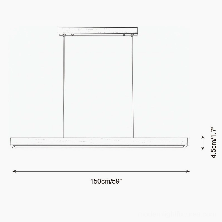 Technical schematic drawing of walnut linear pendant light showing 150cm 59 inch length and 4.5cm 1.7 inch profile height specifications