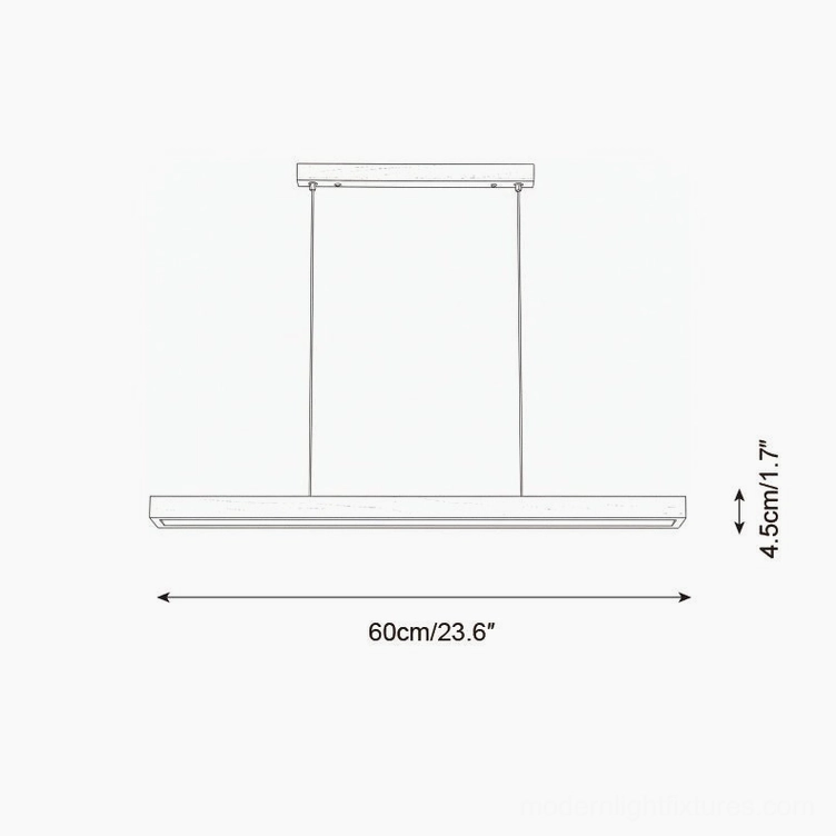 Technical schematic drawing of walnut linear pendant light showing 60cm 23.6 inch length and 4.5cm 1.7 inch profile height specifications