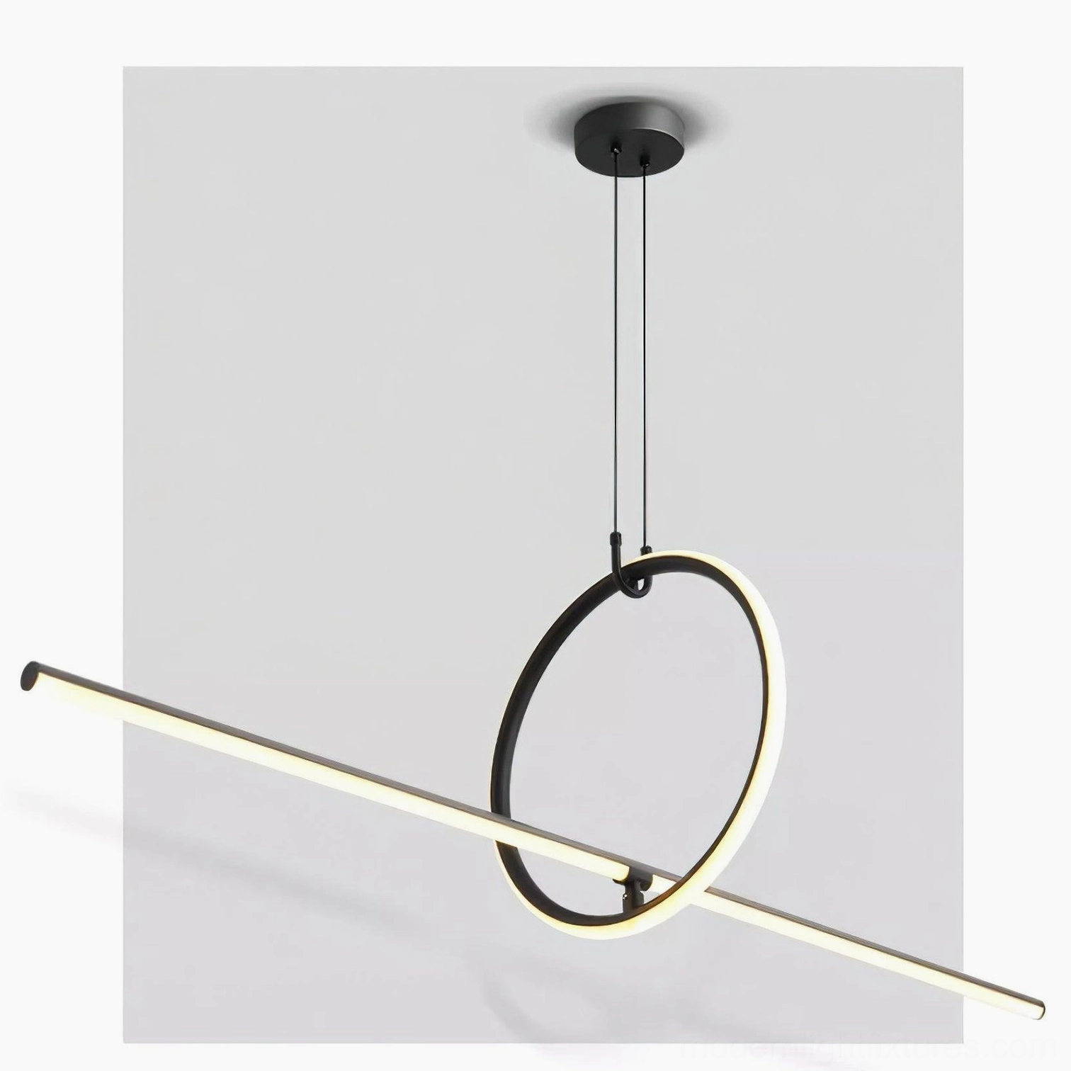 Contemporary linear pendant light fixture with acrylic shade in modern minimalist interior design space
