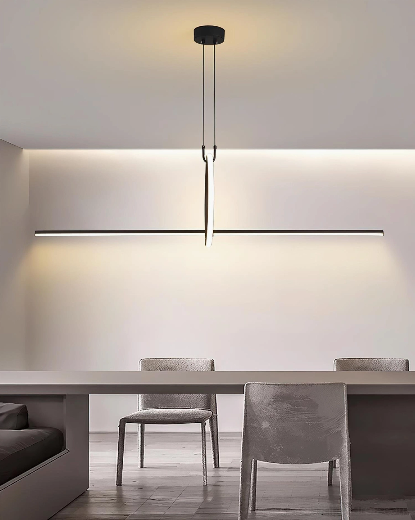 Linear island pendant light in black finish highlighting geometric frame design and acrylic diffuser construction