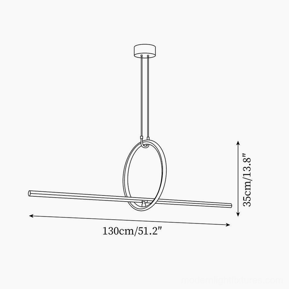 Linear ring pendant light dimension and size reference schematic showing 130cm length and 35cm height measurements