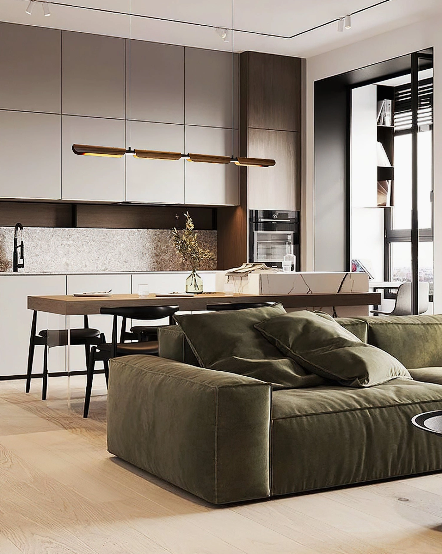 Horizontal wood chandelier hanging above dining table in open-plan living-dining space, warm ambient lighting