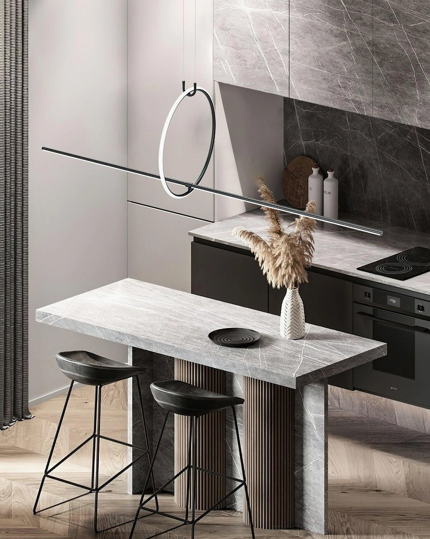Modern linear pendant light with light metal finish above kitchen dining counter in Nordic minimalist style