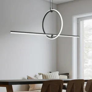 Linear ring pendant light suspended above dining table in Scandinavian minimalist dining room with warm ambient lighting