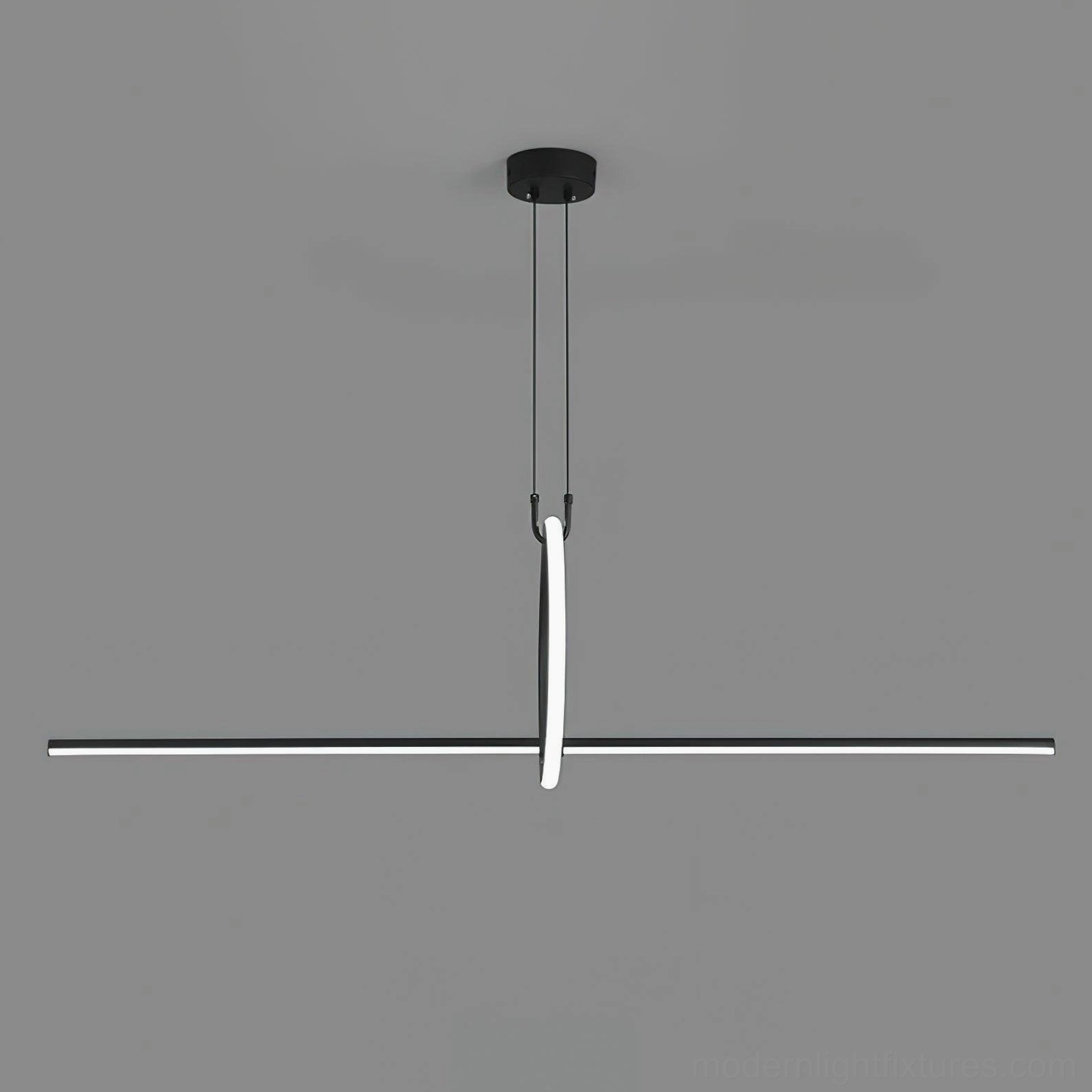 Linear pendant light suspension mechanism showing adjustable wire length and hardwired installation detail