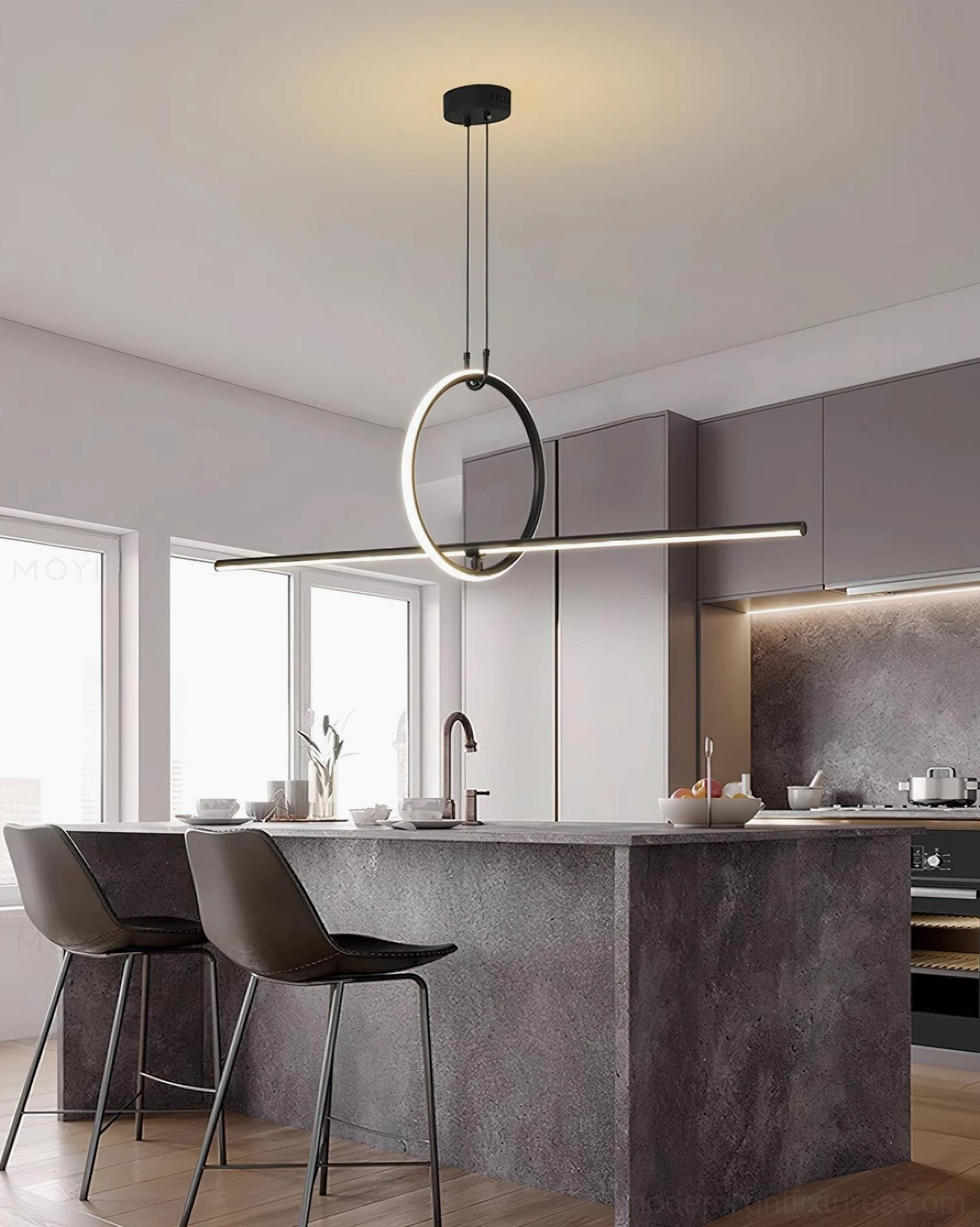 Modern linear pendant light with warm white 3000K LED in minimalist home office or creative workspace