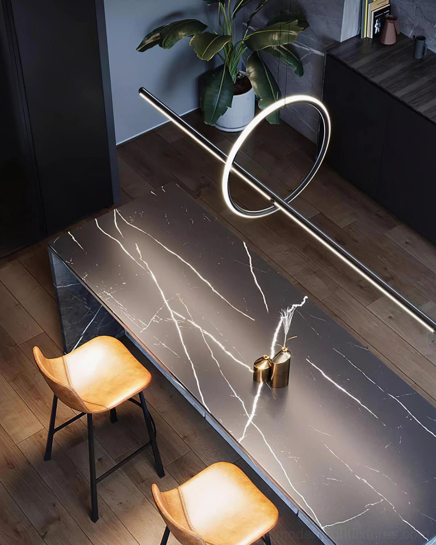 Linear pendant light in white finish creating soft, even illumination above dining area with Scandinavian decor
