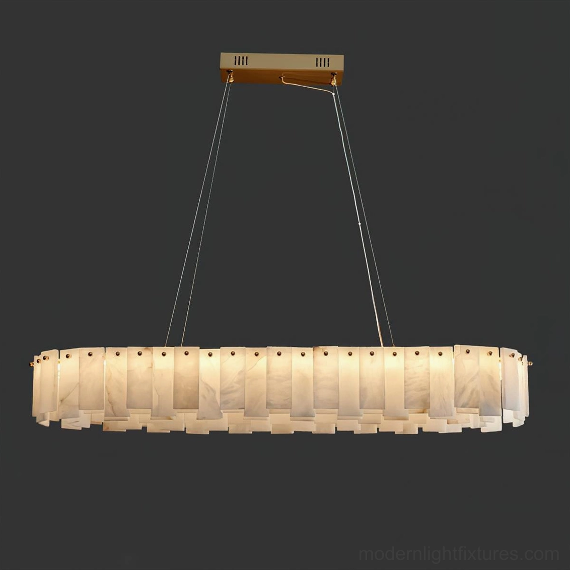 Linear rectangular alabaster chandelier 120cm length, elongated natural stone pendant light fixture with brass frame for contemporary gallery or dining applications
