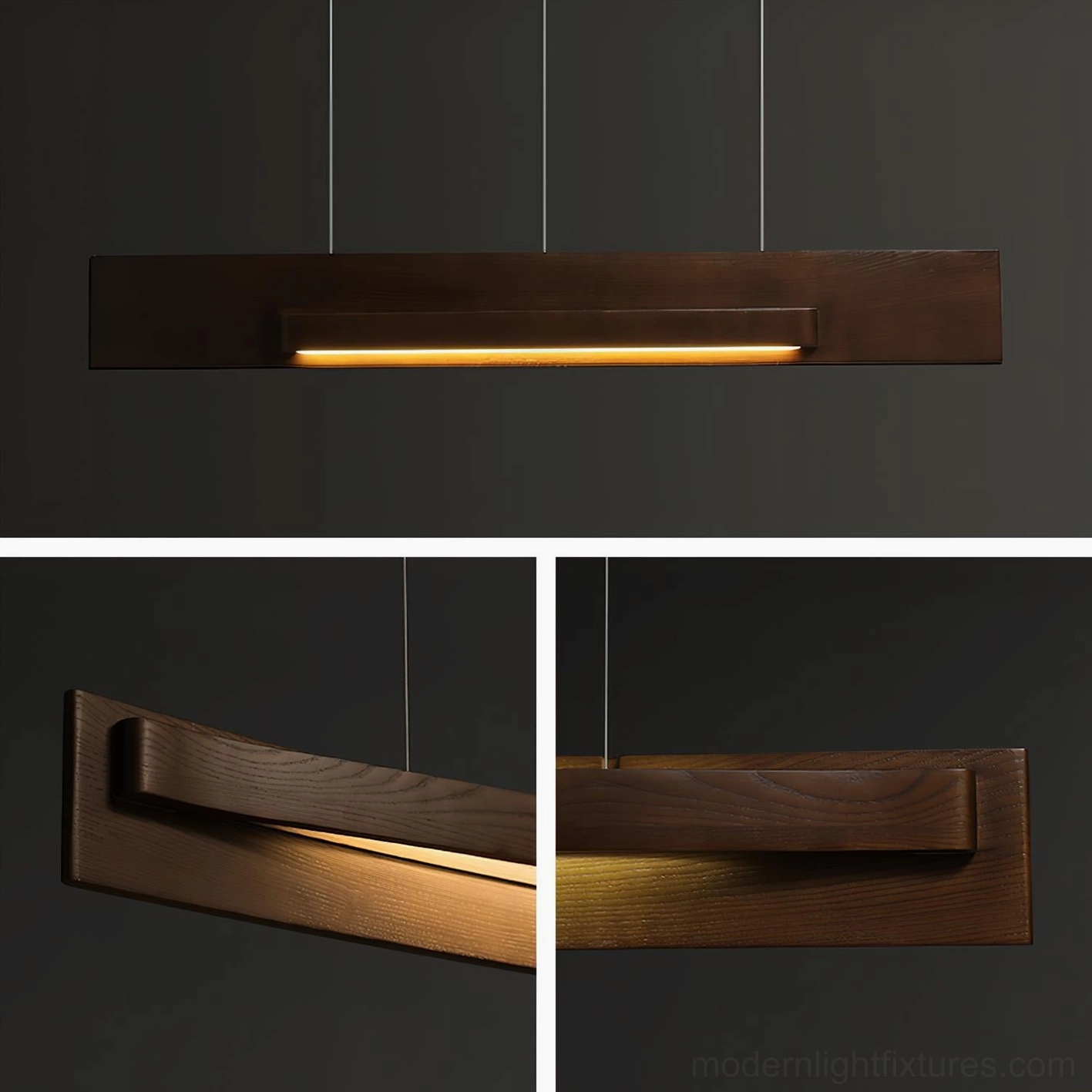 Linear wood chandelier minimalist pendant light architectural detail wood grain