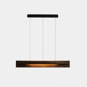 Linear wood chandelier minimalist pendant light frontal product view warm walnut finish