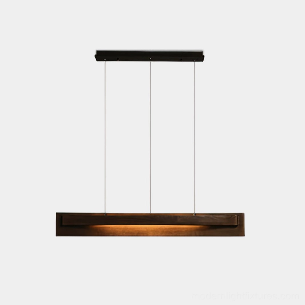 Linear wood chandelier minimalist pendant light frontal product view warm walnut finish