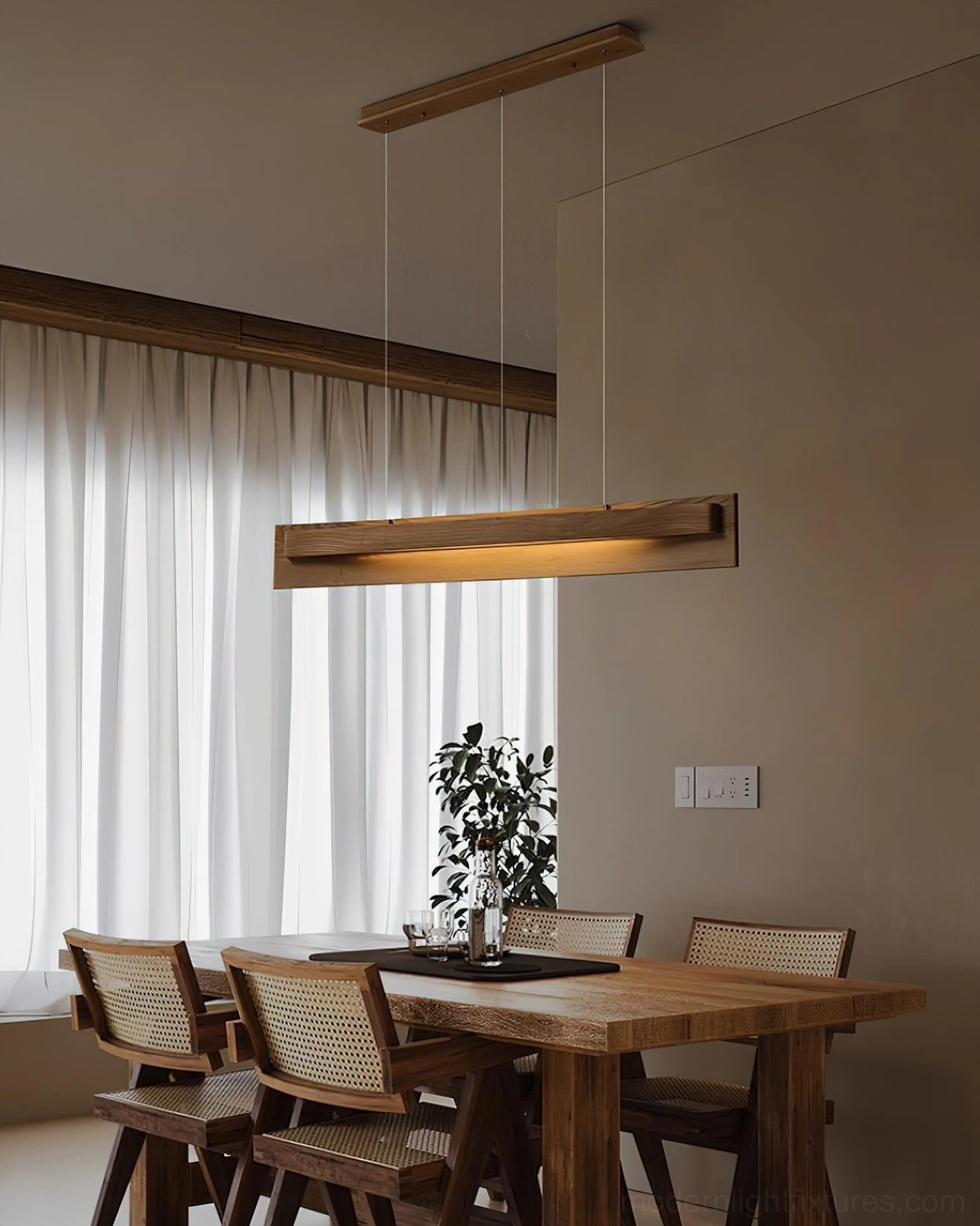 Linear wood chandelier suspended pendant light modern living space aesthetic