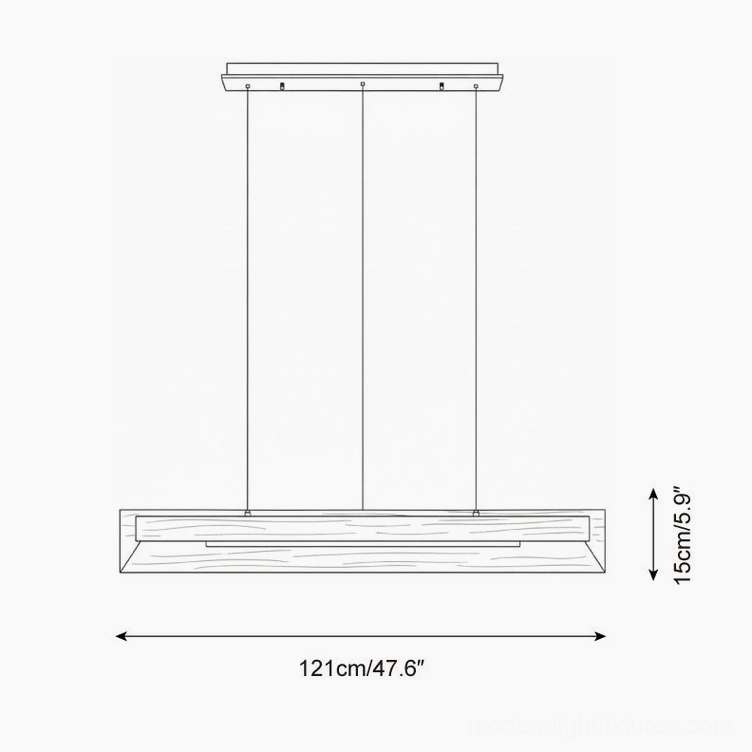 Linear wood chandelier technical schematic dimensions 121cm suspension cable design