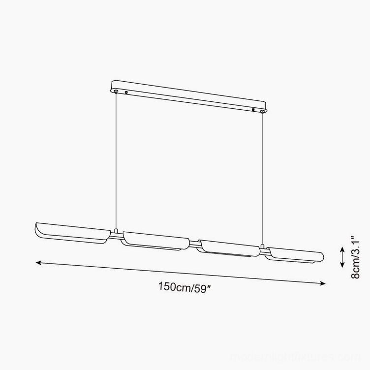 Linear wood chandelier technical design schematic showing 150cm length and 8cm height specifications