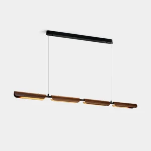 Linear walnut wood chandelier with black metal frame on white background, modern minimalist design