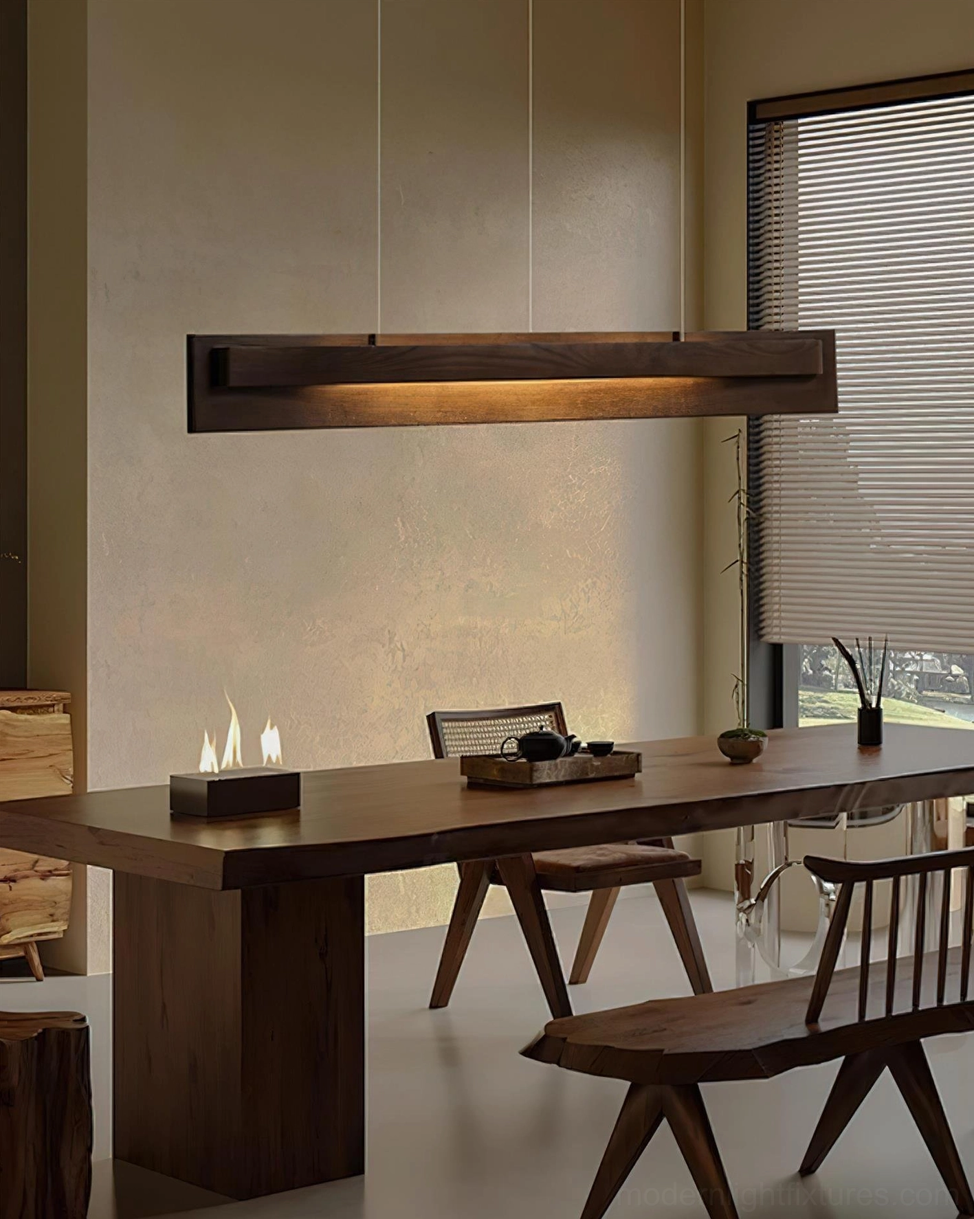 Long linear wood pendant light modern dining room contemporary interior design