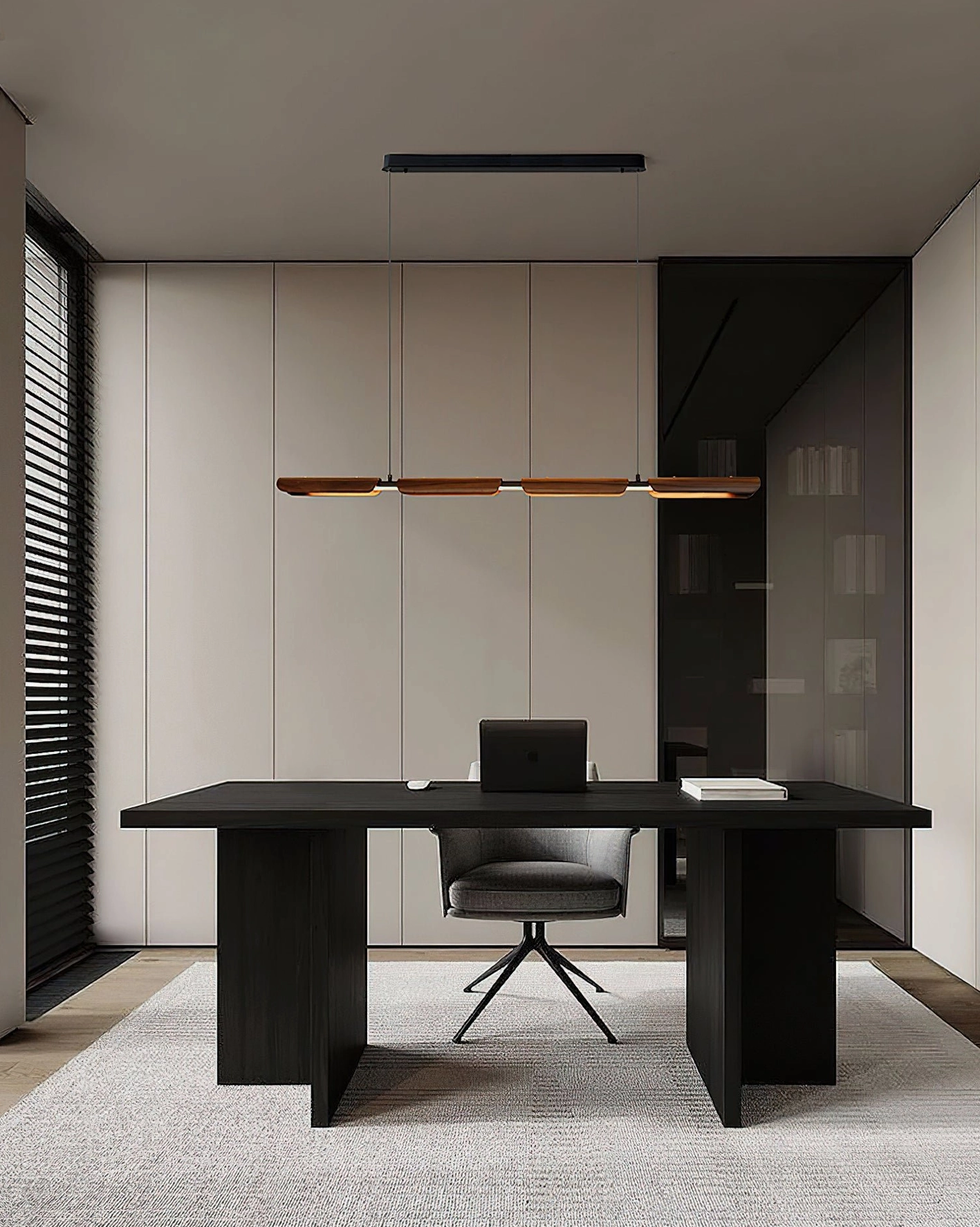 Modern linear wood pendant light hanging above office desk in minimalist home office, neutral interior