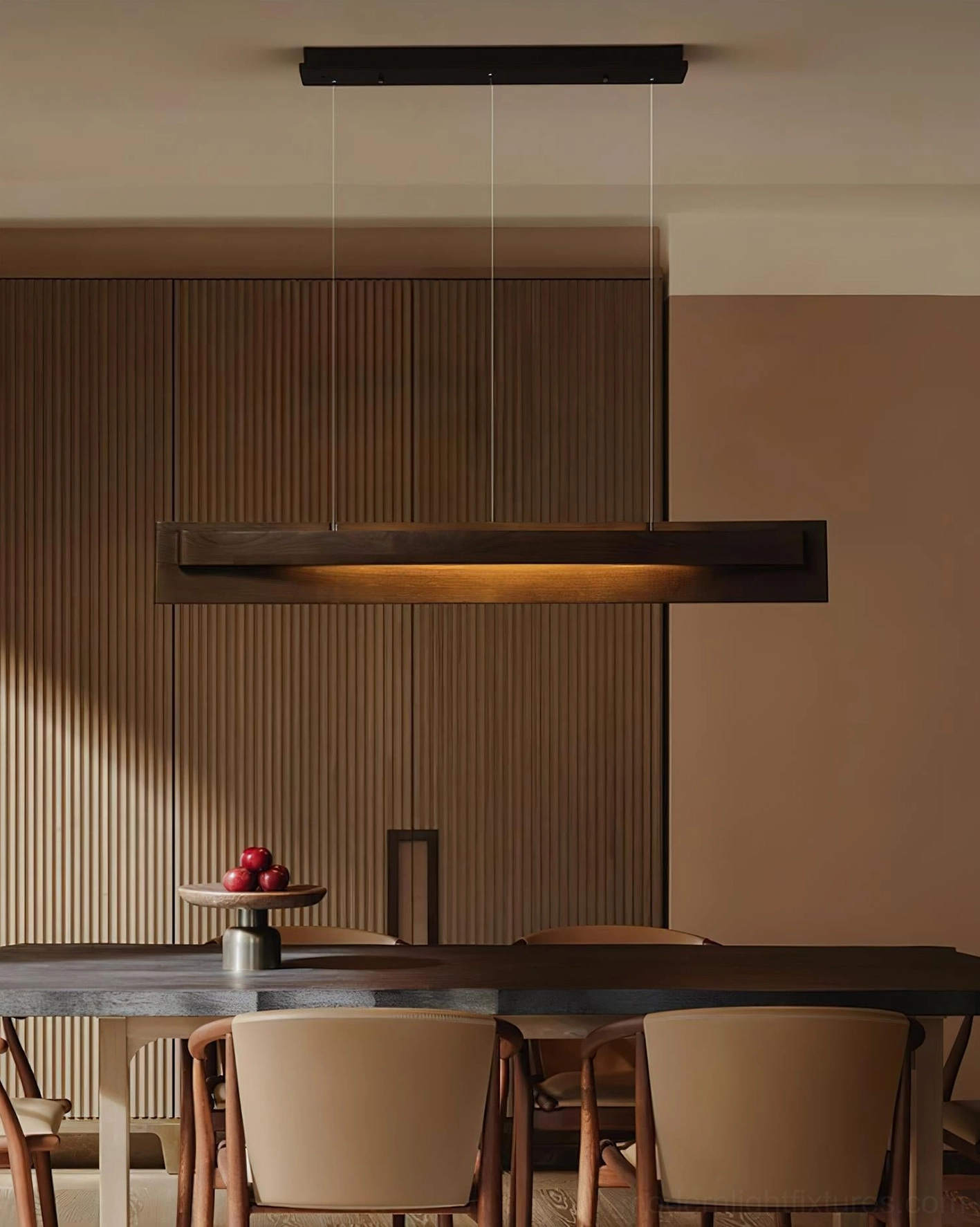 Linear wood pendant light sustainable design warm ambient lighting solution
