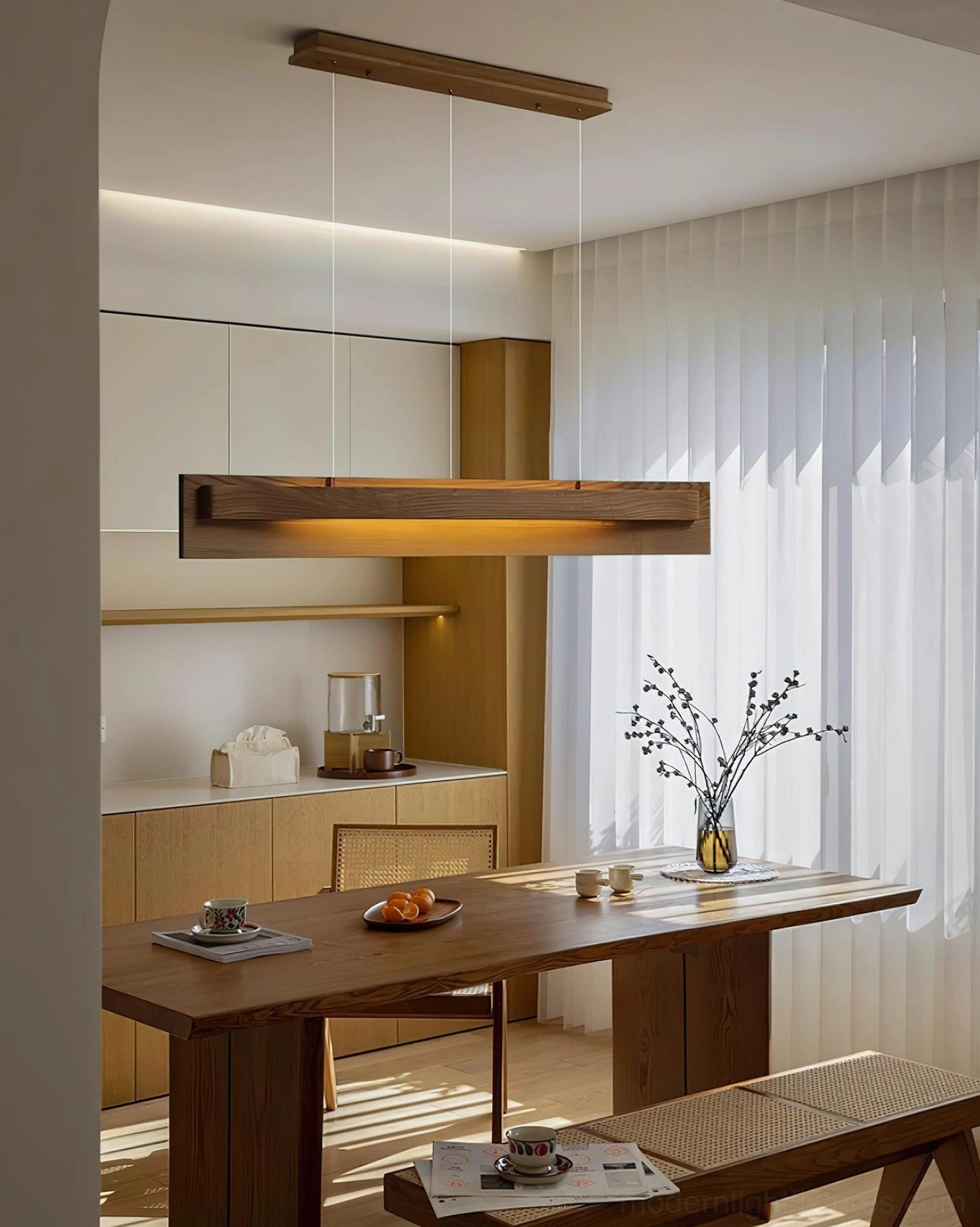 Linear wood pendant light contemporary home interior warm white LED lighting