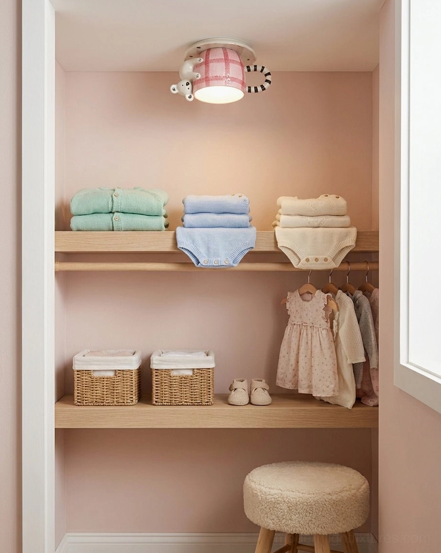 Baby linen closet with ceramic mug ceiling light mounted above open wooden shelves