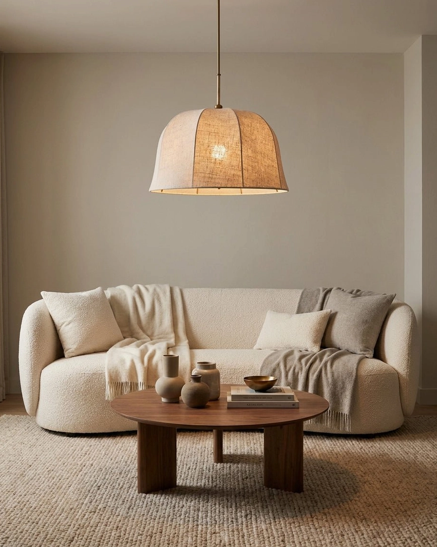 Light tan linen dome pendant in casual lounge living room with plush fabric seating, warm boho neutral interior styling