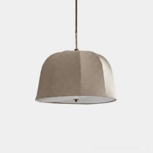 Linen dome pendant light with natural woven shade and metal rod suspension, front-facing studio view on white background