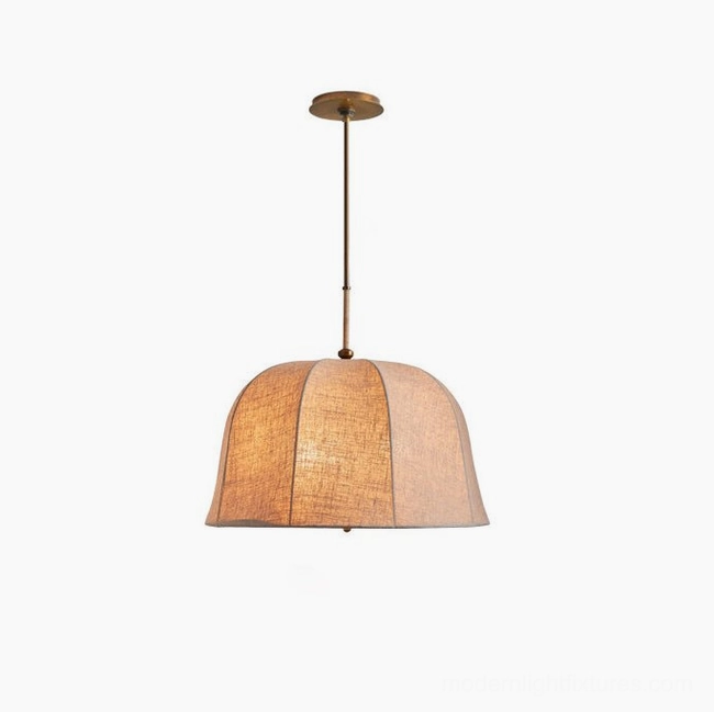 Warm tan linen dome pendant in minimalist tea seating area with low wooden table, wabi-sabi rustic warm atmosphere
